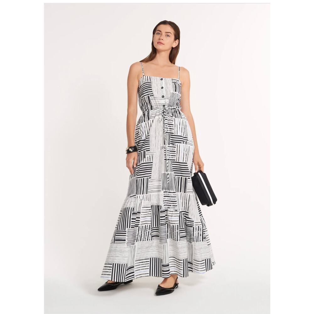 Ansea “The Man Overboard” Maxi Dress – Black & White Strappy Tiered Sundress Lrg